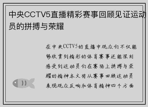 中央CCTV5直播精彩赛事回顾见证运动员的拼搏与荣耀