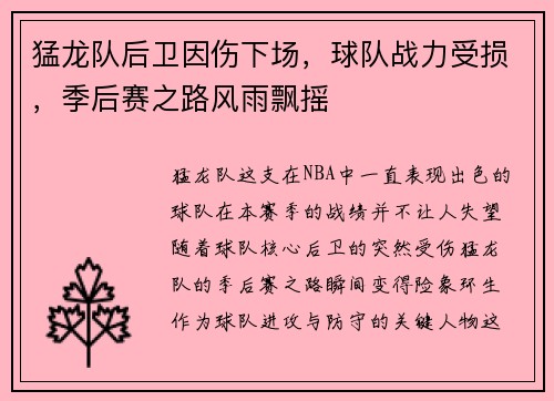 猛龙队后卫因伤下场，球队战力受损，季后赛之路风雨飘摇